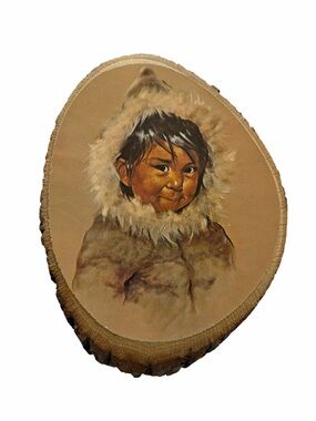 Vintage Made in Canada Wood Slice Wall Art Child Portrait Rustic Cabin Decor